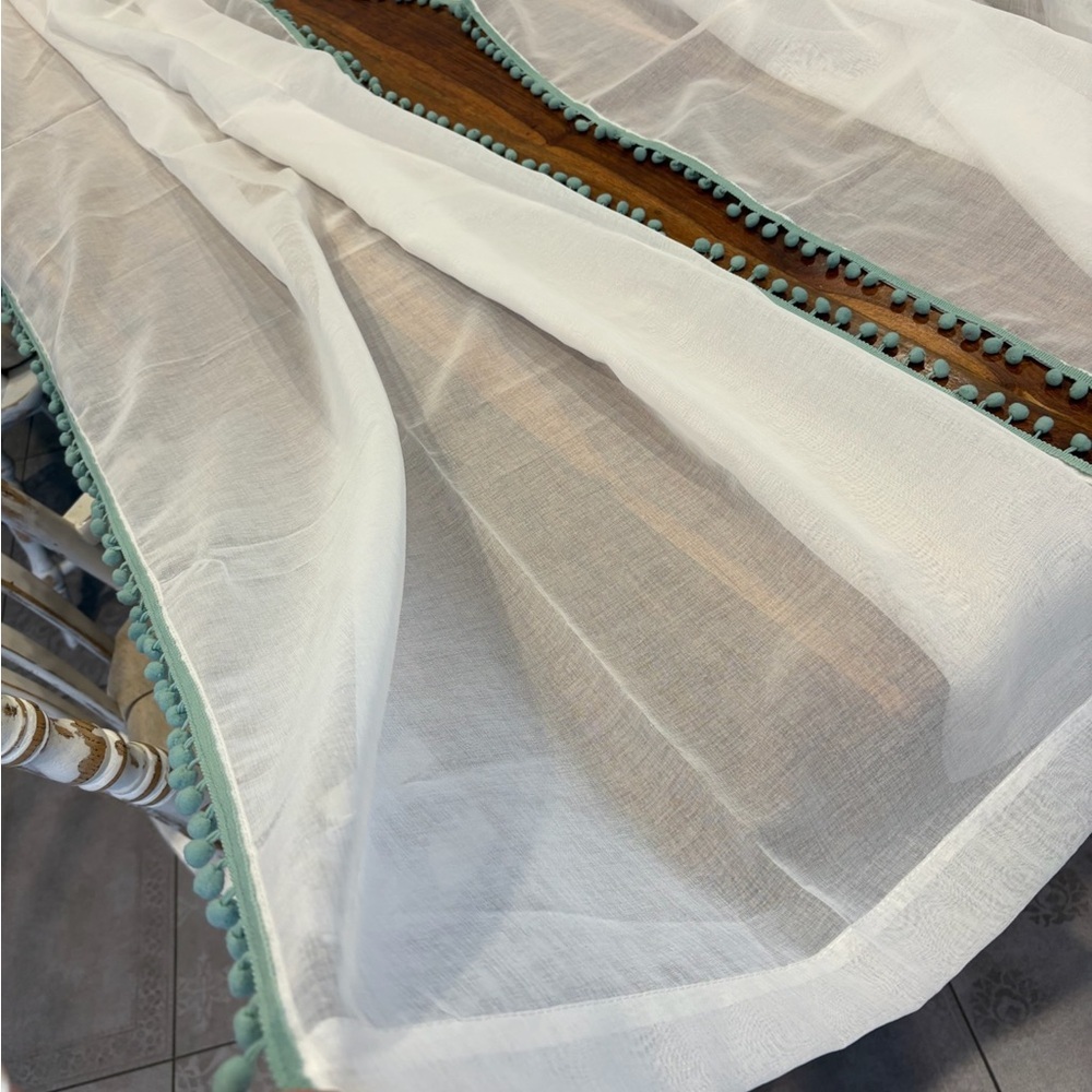 Pom Pom Trim White Semi-Sheer Curtain Panels – Set of 2 (84” x 39” Each) - Picture 5 of 10